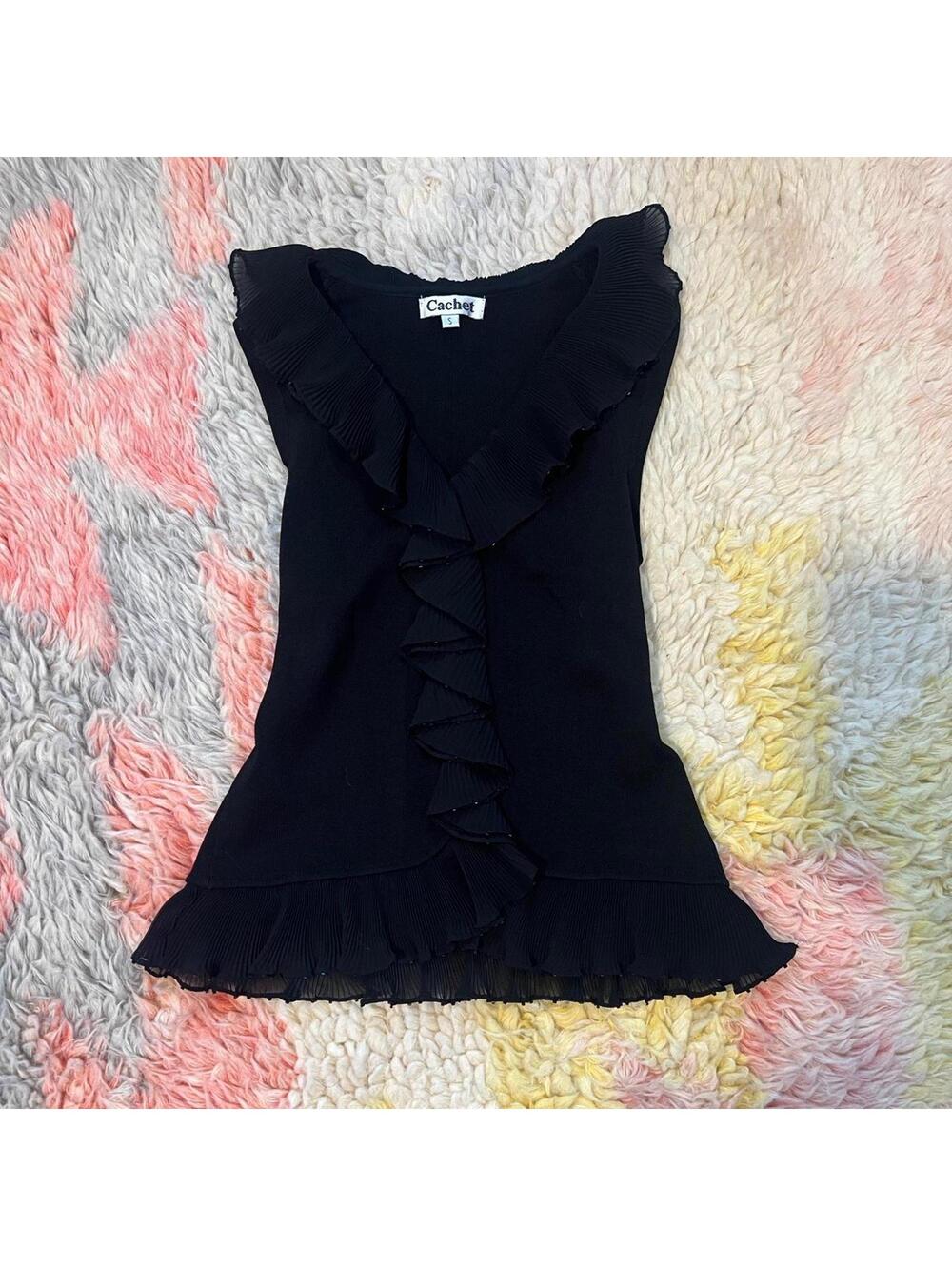 black beaded ruffle  v-neckblouse